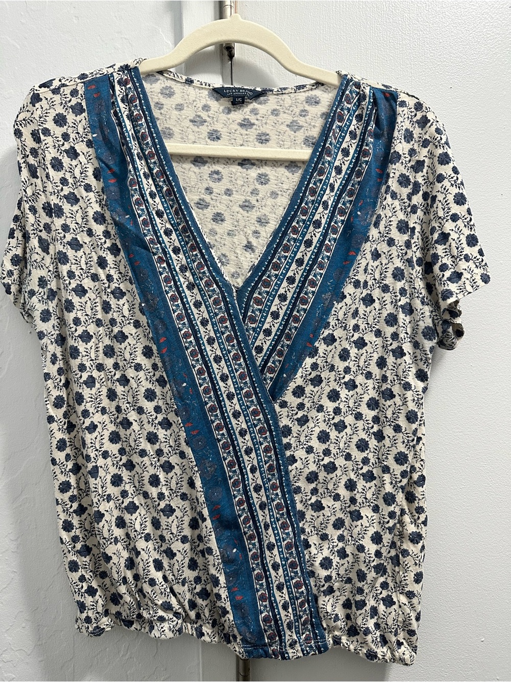 Lucky Brand Cream Top with Blue Floral Border V-Neck